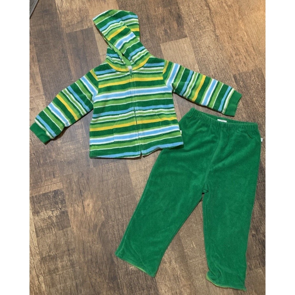 OshKosh Baby Boys Green Striped Fleece Zip Hoodie and Pants Set XXL 18M y2K